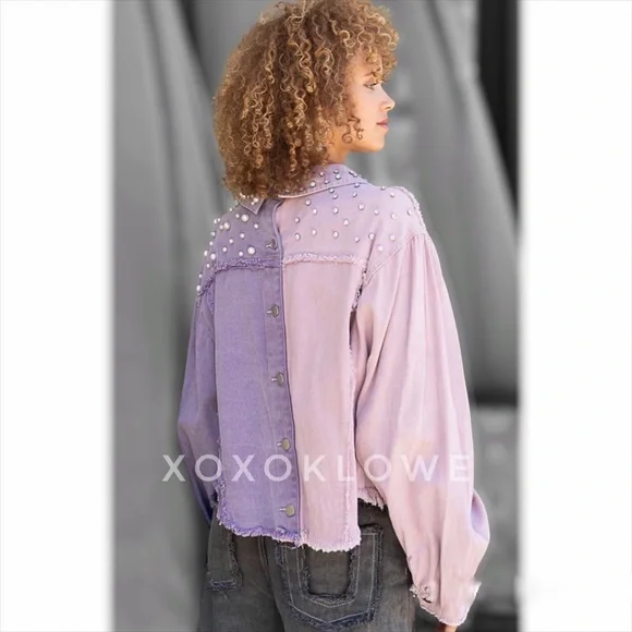 1 S POL Princess Pearl & Diamond Embellished Lavender Denim Jacket - Picture 10 of 16